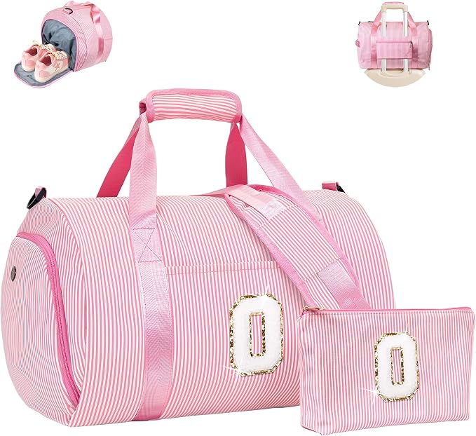 Birthday Gift for Grandkids, Girls Travel Duffle Bag, Kids Initial Overnight Bags with Shoe Compartment, Personalized Weekender Bag with Makeup Pouch, Trendy Stuff (Letter O) by Vogewood