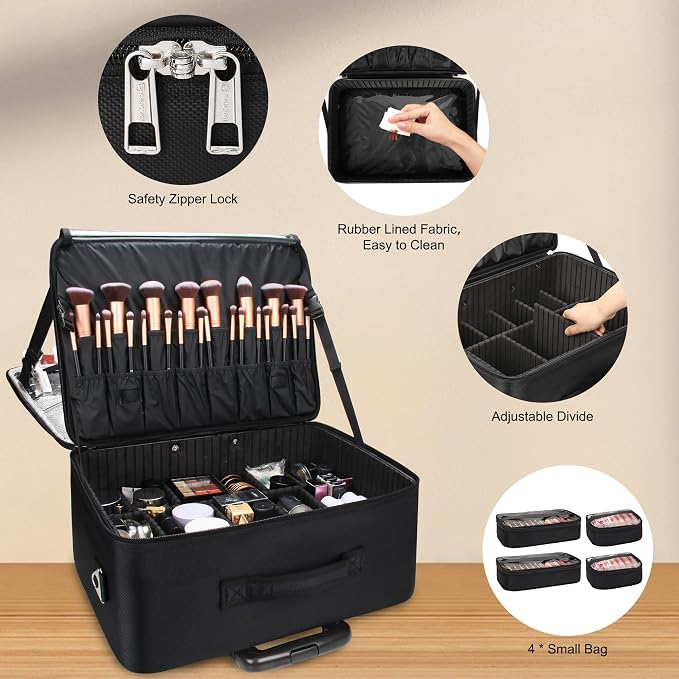 MONSTINA Rolling Makeup Train Case, Hairdressing Bag Cosmetology Case on Wheels Makeup Artist Bag Hairstylist Travel Cosmetic Organizer Storage Bag with 4 Bag (Black+Hairdressing Bag) - Image 7