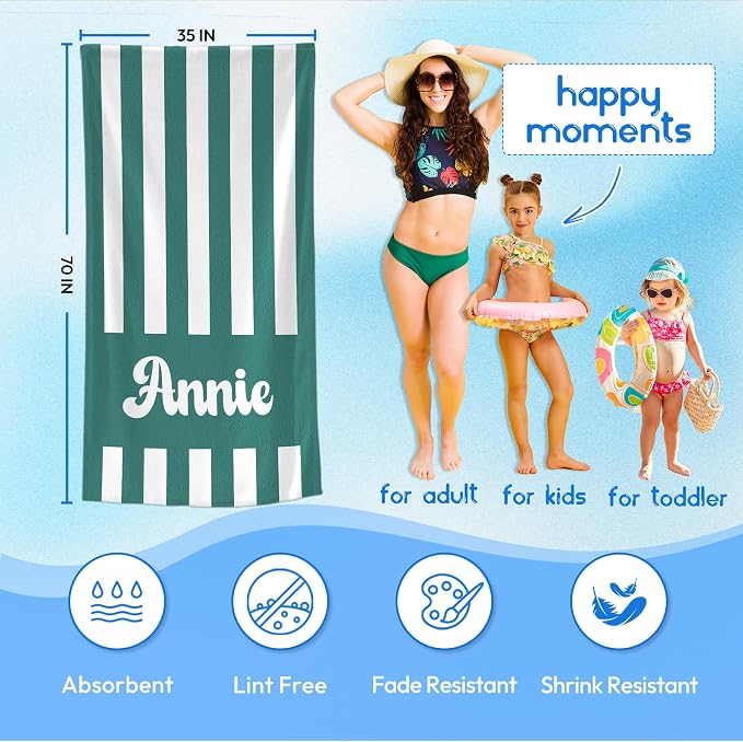 JML Personalized Beach Towel with Name, Custom Cabana Stripe Beach Towel, Customized Microfiber Pool Towel, Quick Dry & Absorbent Swim Towel for Adult,Mother's Day, Birthday, Summer Holiday,Vacation - Image 3