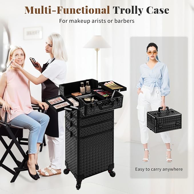 AROUS 5 in 1 Rolling Makeup Train Case with Lid Cosmetology Case on Wheels | Large Cosmetic Trolley Organizer with Keys Salon Barber Case Traveling Cart Trunk for Artist Hairstylists Nail Tech, Black - Image 7