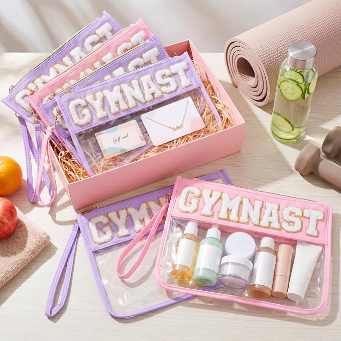6 Pcs Gymnastics Gifts Cosmetic Makeup Bags, Pink Purple Clear PVC Zipper Pouch with Chenille Letter Patch, Waterproof Travel Toiletry Storage Bag for Team Girls Women Party Favor - Image 6