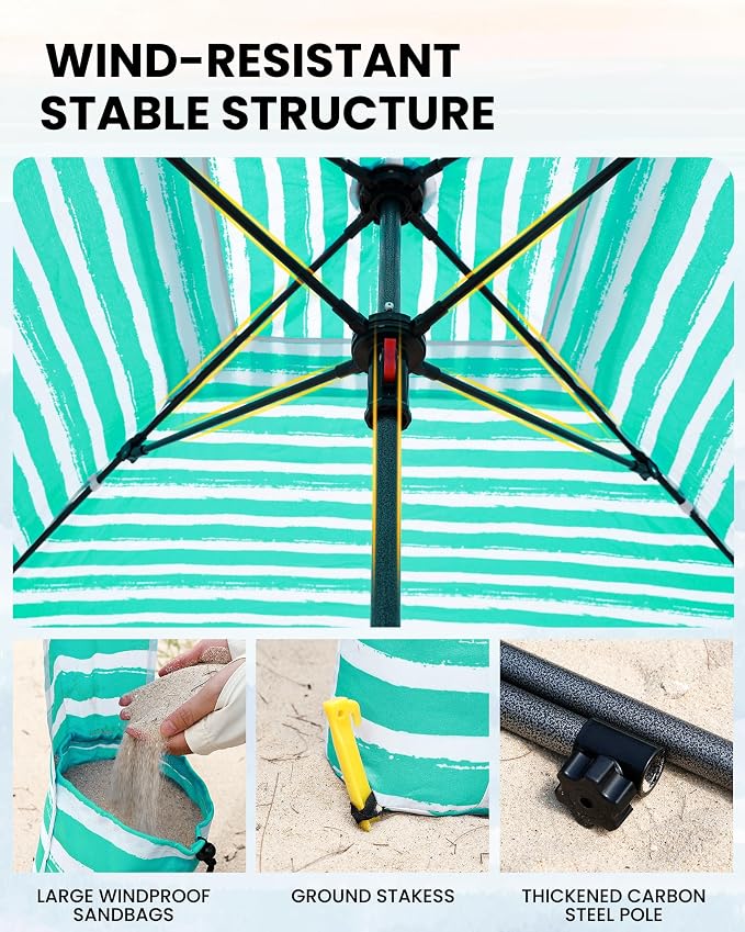 Qipi Beach Cabanas for Sand, Beach Canopy with Sandbags & Side Wall for Family, Easy Set Up Sun Shelter, UPF 50+ UV Protection with Roof Vent - Image 4