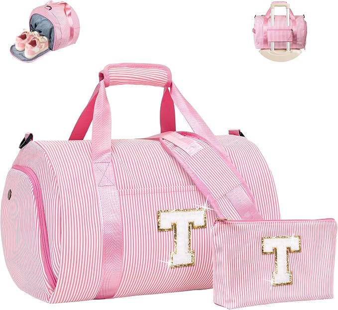 Teen Girl Gifts Trendy Stuff, Girls Travel Duffle Bag, Kids Initial Overnight Bags with Shoe Compartment, Personalized Weekender Bag with Makeup Pouch, Gift for 6 Year Old Kid (Letter T) by Vogewood