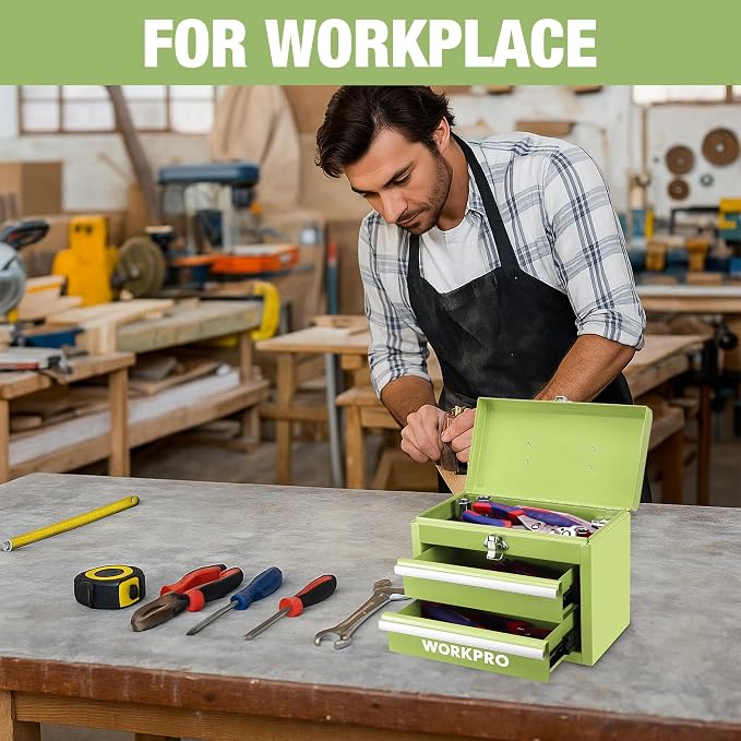 WORKPRO Portable Mini Metal Tool Box with 2 Drawers | Metal Tool Chest, Ball Bearing Slides, Top Storage, Latch Handle, PVC Drawer Liners, PP Feet Pads - Image 6