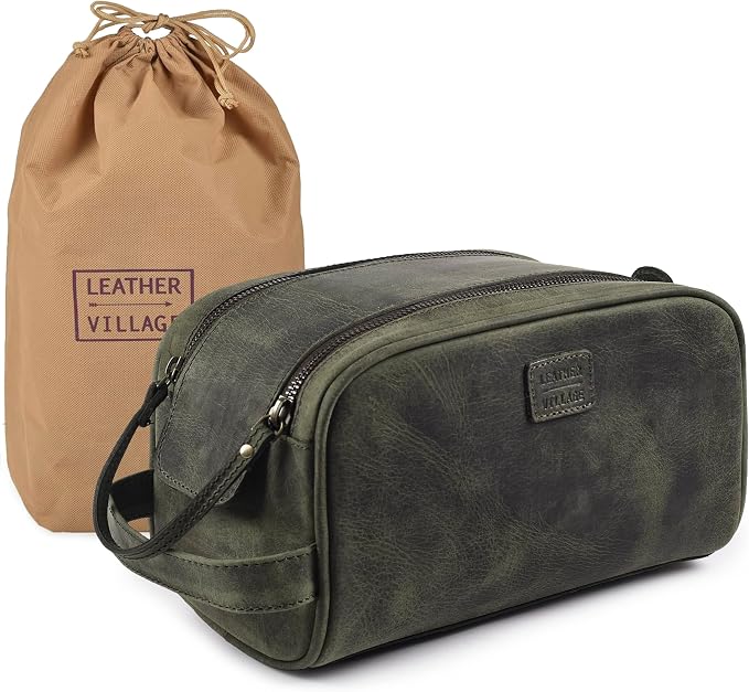 LEATHER VILLAGE Genuine Leather Toiletry Travel Pouch With Waterproof Lining - Olive | King-Size Handcrafted Vintage Dopp Kit Bag, Shaving & Bathroom Organizer, Gift for Men & Women - Image 7