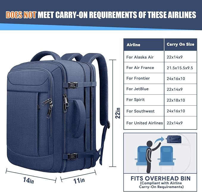 Extra Large Carry on Backpack, Expandable 45L-55L Travel Backpack Hiking Camping Rucksack with Waterproof Wet Pocket, Anti-Theft 18.4 Inch Gaming Laptop Bag for Road Trip Outdoor Sports, Blue - Image 5