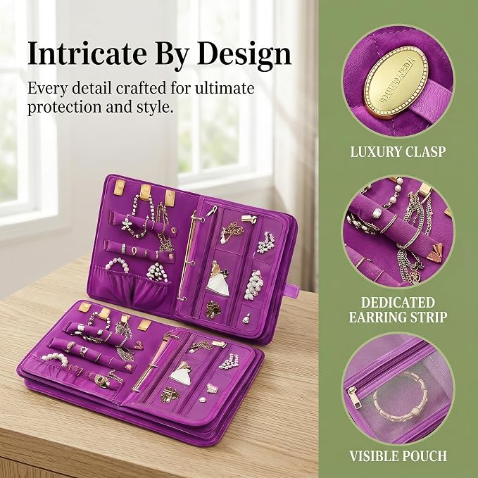Velvet Jewelry Organizer Case Mini Travel Jewelry Bag with 3 Detachable Pages Multiple Compartments for Necklaces, Rings, Earrings, Tangle-Free, Giftable (Purple) - Image 4