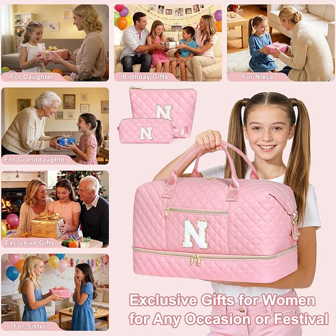 Graduation Birthday Gift for Her, Personalized Initial Weekender Bag for Women 45L Travel Duffle Carry On Quilted, 3PCS Overnight with Cosmetic & Toiletry Bag, Shoe Compartment, Gym Dance Bag for Girl - Image 8