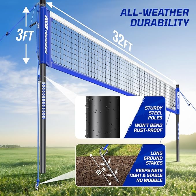 Haokelball Outdoor Volleyball Net Set for Backyard, 32FT Regulation, 3-Level Adjustable Height & Anti-Sag Tension System, Heavy Duty Thick Poles, Includes Volleyball, Pump, Boundary Line and Carry Bag - Image 4