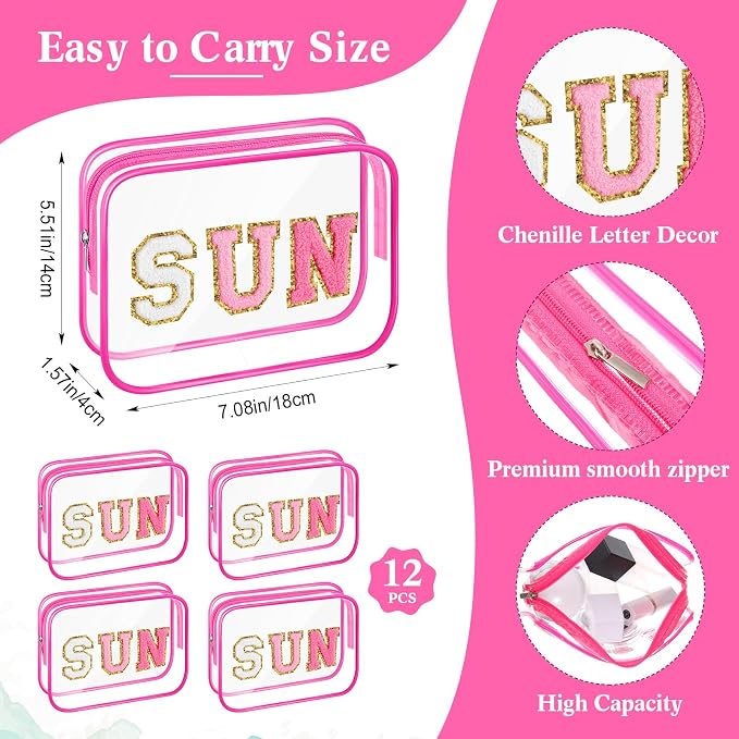 Kacctyen 12 Pcs Clear Sun Makeup Bags Bulk Sunscreen Pouch for Beach Pool Waterproof Toiletry Cosmetic Zipper Organizer with Preppy Chenille Letter Patch Women Girls Summer Vacation Gifts Essentials - Image 3