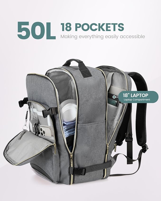 LOVEVOOK 50L Travel Backpack Flight Approved Carry on Backpack,3 Packing Cubes,Waterproof Personal Item Travel Bag,TSA Carry on Luggage Suitcase Travel Essentials,Gifts for Women & Men,fits 18" Laptop - Image 3