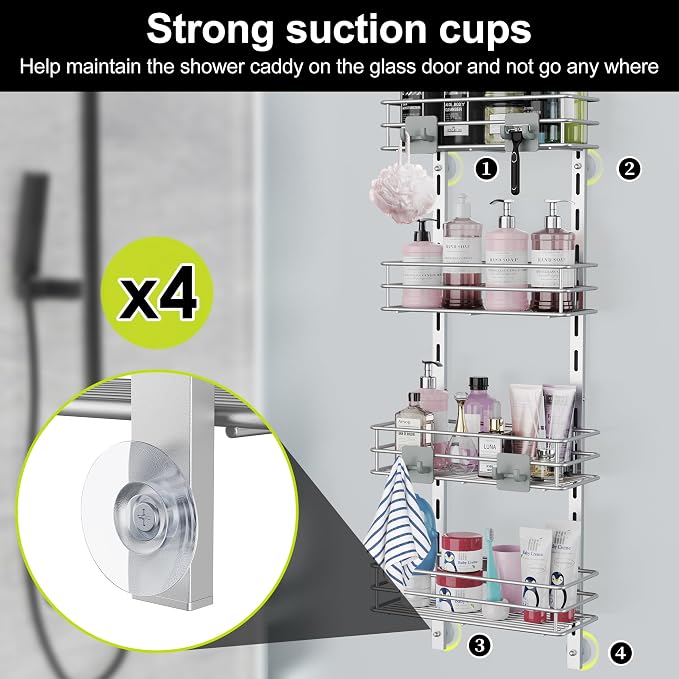 Orimade Over the Door Shower Caddy Adjustable 5 Tier Silver Grey,Bathroom Hanging Organizer Shelf Rustproof with 4 Hooks,Shower Basket with Soap Holder and Suction Cup - Image 2