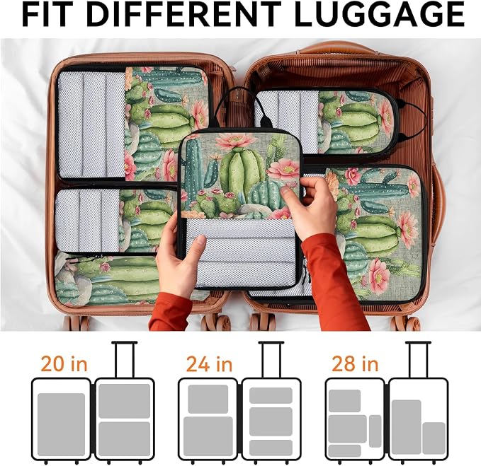 Tropical Cactus Succulent Compressible Packing Cubes for Suitcase 6 Set Lightweight Expandable Compression Packing Travel Luggage Organizer - Image 7