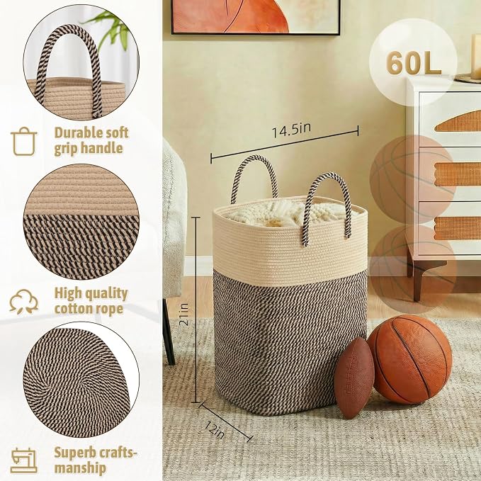 Laundry Basket,Woven Cotton Rope Laundry Hamper,Versatile Storage for Dirty Clothes,Baby Toys,and Blankets in Bathroom, Nursery,and Living Room (Jute, 60L) - Image 2