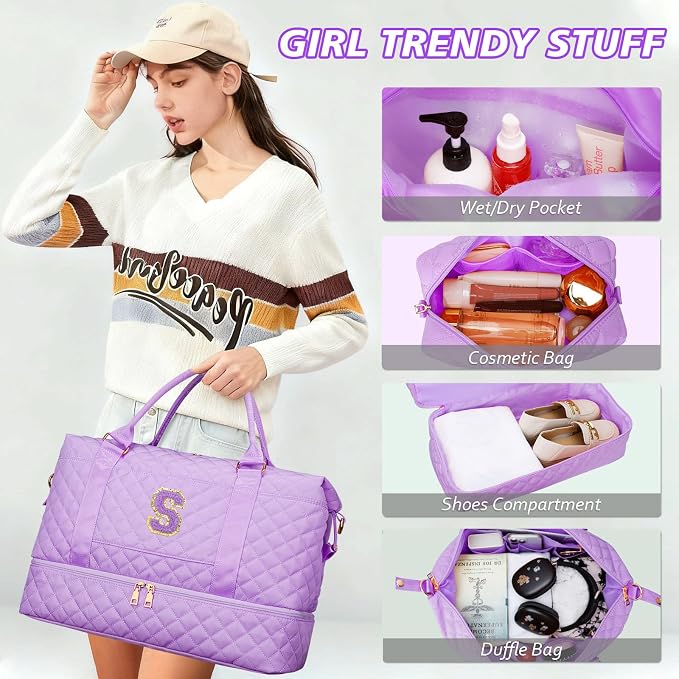 Teenager Girl Initial Travel Duffle Bag Quilted Weekender Bags Carry-On Overnight with Cosmetic Bag, Gym Bag with Shoe Compartment Hospital Bag for Women Labor Delivery, Purple-S - Image 5