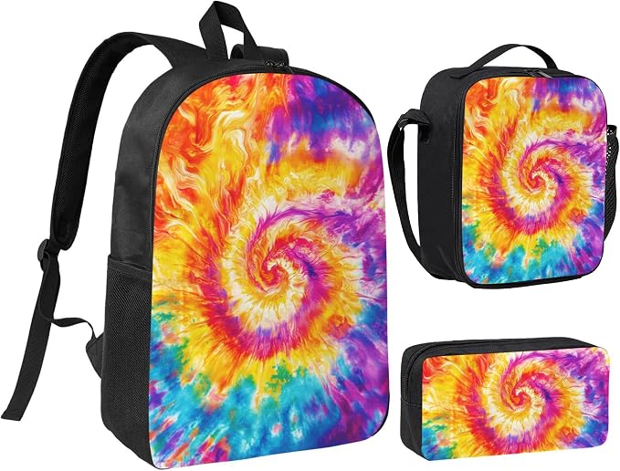 Tie Dye Kid Backpack Set with Lunch Bag & Pencil Case Large Capacity School Bag 17 Inch Bookbag for Boy Girl by thmnj