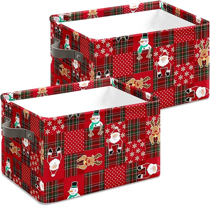 Christmas Red Grid Elk Snowman Basket,Christmas Storage Foldable Fabric Storage Baskets with Handles Canvas Storage Bin 14 x 10 x 8 - Image 4