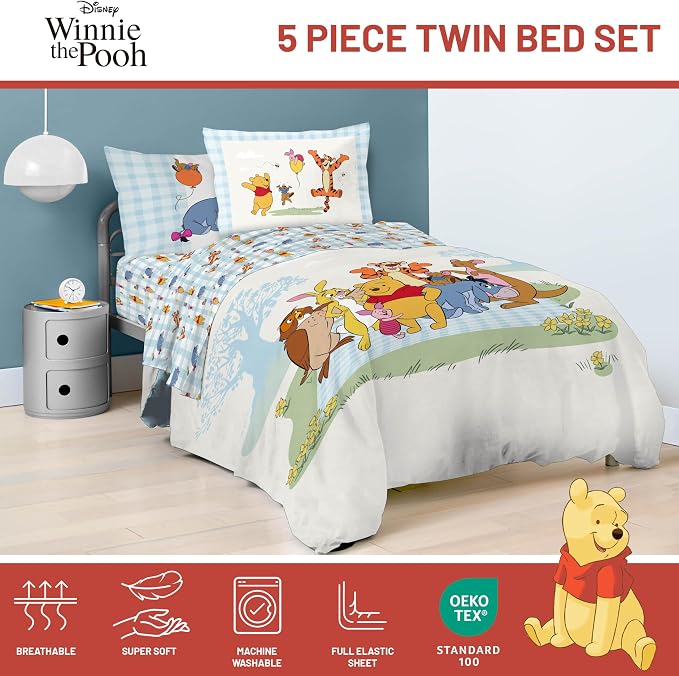 Disney Winnie The Pooh Twin Comforter Set 5 Piece Kids Bedding, White | Piglet Tigger, Bed in a Bag, Comforter Sheets Sham Pillowcase, Official Brand, Soft Microfiber, Machine Washable, Kids Gift - Image 4