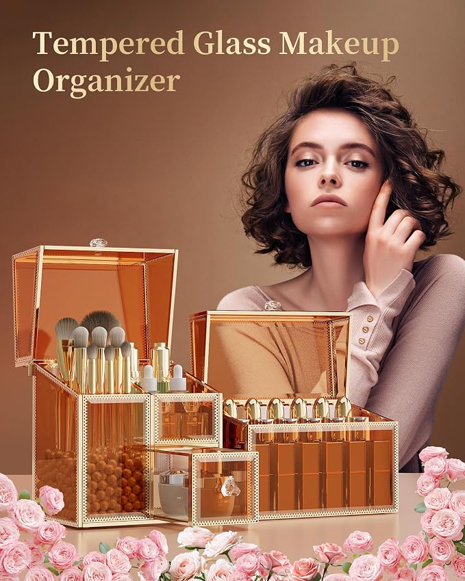 CoralHouse Makeup Organizer Countertop Set – Vanity Holder with 18-Slot Lipstick Organizer & Covered Makeup Brush Holder – Skincare, Perfume & Cosmetic Display for Bathroom or Dresser - Image 3