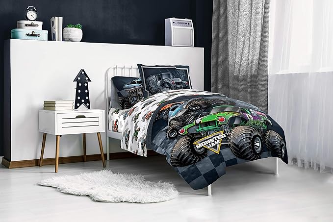 Monster Jam Trucks Full Comforter Set 7 Piece Kids Bedding for Boys, Multi | Grave Digger Megalodon, Bed in a Bag, Comforter Sheets Shams Pillowcases, Soft Microfiber, Machine Washable, Boys Gift - Image 7