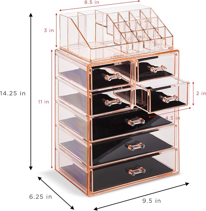 Sorbus Acrylic Makeup Organizer Set, 7-Drawer Vanity & Countertop Cosmetic Storage with Small & Wide Compartments, Pink Makeup Storage for Brushes, Jewelry – Holiday Gift for Women & Teens - Image 3