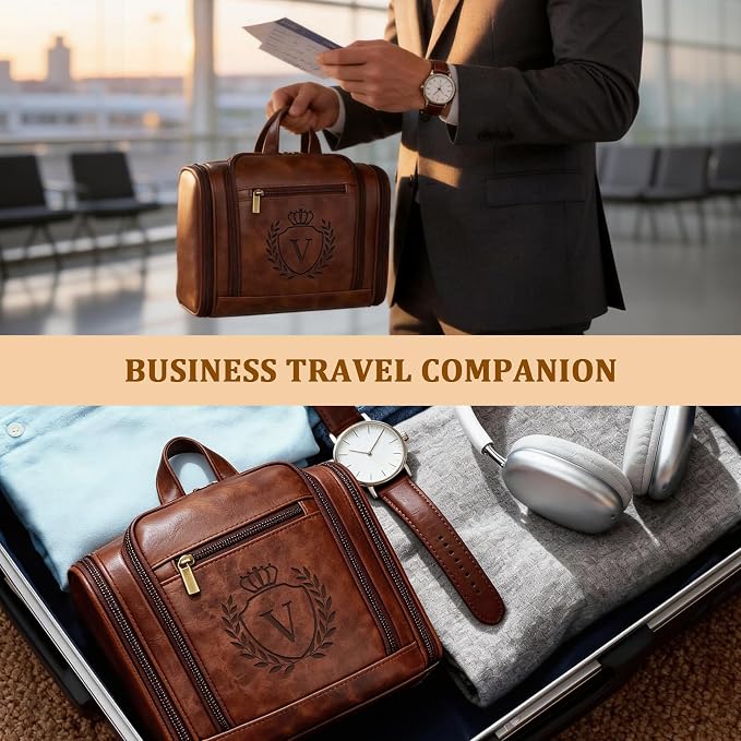 Personalized Easter Gifts for Men Large Leather Travel Toiletry Bag Hanging Shaving Dopp Kit Bathroom Shower Waterproof Case, Birthday Gifts for Father Dad Husband Boyfriend Cognac Letter V - Image 5