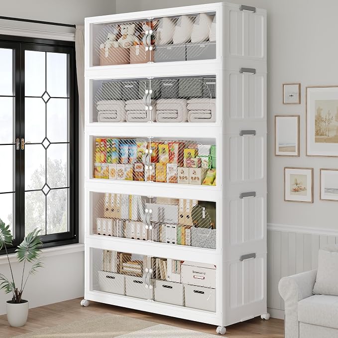 75Gal/300QT 5-Tiers Extra Large Stackable Storage Bins with Lid, Collapsible Cabinet Closet Organizer Plastic Container Box with Wheels Doors Drawers for Office Dorm Kitchen, White by Unknown