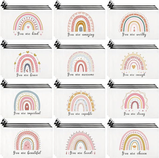 Hillban 36 Pcs Rainbow Cosmetic Bags for Women Inspirational Cute Canvas Makeup Bags Bulk Motivational Travel Cosmetic Pouch Beautiful Gifts for Teacher, 12 Styles by Hillban