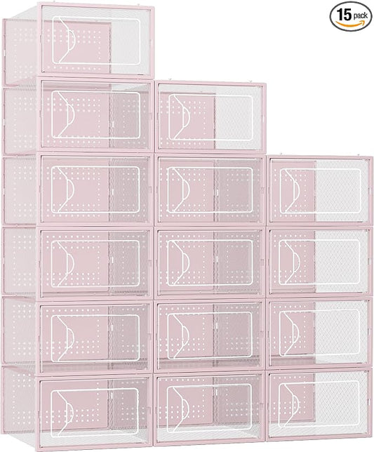 Foluck Shoe Storage Box, 15 Pack Clear Plastic Stackable Organizer for Closet, Interlocking Design Shoes Container Bins for Sneakers, Foldable Shoe Rack with Lids, Pink by Foluck