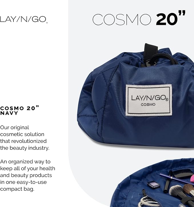 Lay-n-Go Cosmo Layflat Drawstring Cosmetic & Makeup Bag Organizer w/Zipper Pocket, Brush Loops & More, Cinch to Close, Lay Flat to Use, Durable, Machine Wash, Travel Toiletry Bag (20", Navy) - Image 2