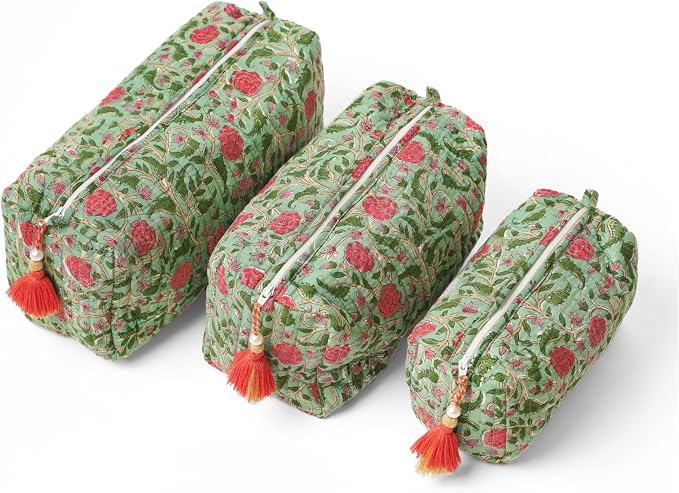 Saffron Marigold Quilted Makeup Bag Set of 3, Hand Block Printed Cotton Cosmetic Bags for Women, Waterproof Lined Travel Toiletry Bag, Coquette Floral Aesthetic, Handmade Gift, Rambling Rose by SaffronMarigold