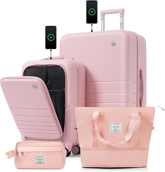 4-Piece Luggage Set, Suitcase with TSA Lock Travel Duffel Bag Wet-Dry Toiletry Bag, Pink Front-Opening by Merax