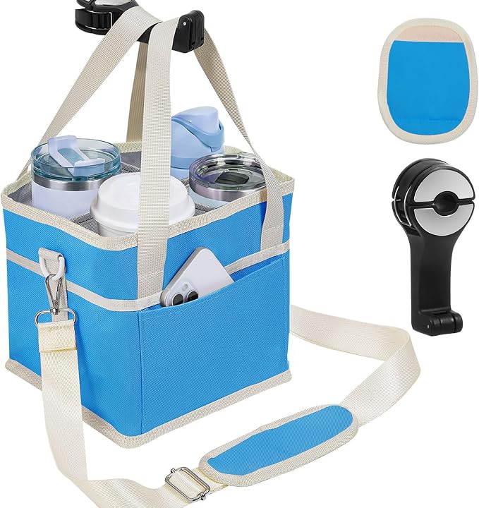 4 Water Bottle Holder with Strap - Multiple Tumbler Insulated Drink Carrier Tote Bag, Reusable Drink Family Size Caddy for Car, Delivery, Adjustable Dividers - 2 in 1 Car Seat Hook Set by ANTAND