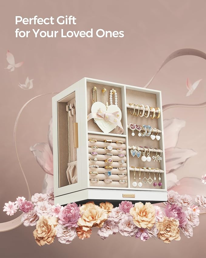 SONGMICS GISELLA Collection - Jewelry Box Organizer 360° Rotating, Vertical Jewelry Storage Case with 5 Drawers, Glass Window, Spacious, Open Design, Great Gift, Cloud White UJBC170W01 - Image 6