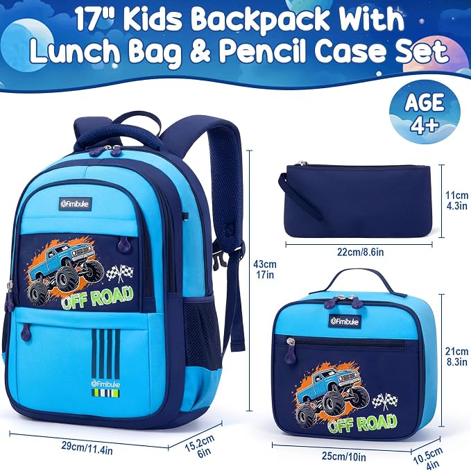 Fimibuke Kids Backpack for School Boys - 3 PCS Waterproof Teen Boy Backpack with Lunch Box & Pencil Pouch, School Bag Bookbag Daypack for Kindergarten Elementary Middle School, Age 5+(Monster Trucks) - Image 2