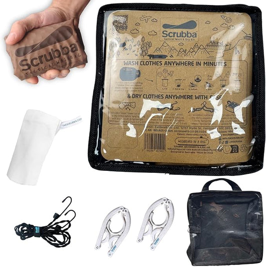 Scrubba Tactical Wash Bag & Dry Kit - Portable Washing Machine System with XL Towel, Pegless Clothesline & Hangers - Lightweight Travel Essentials Laundry Kit for Camping, Hiking, RV, Hotels by Scrubba
