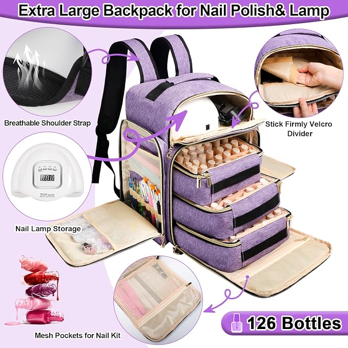 Nail Polish Organizer Backpack Holds 126 Bottles& Nail Lamp, Extra Large Nail Kit Supplies Organizer Bag with 3 Removable Cases, Portable Nail Organizers and Storage for Travel (Noble Purple) - Image 2