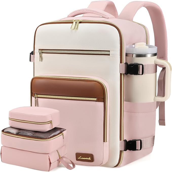 LOVEVOOK Travel Backpack For Women,40L Carry On Backpack Flight Approved,TSA Personal Item Travel Bag Fits 17 Inch Laptop,Weekender Overnight Daypack with Toiletry Bag and Cube,White Light-brown by LOVEVOOK