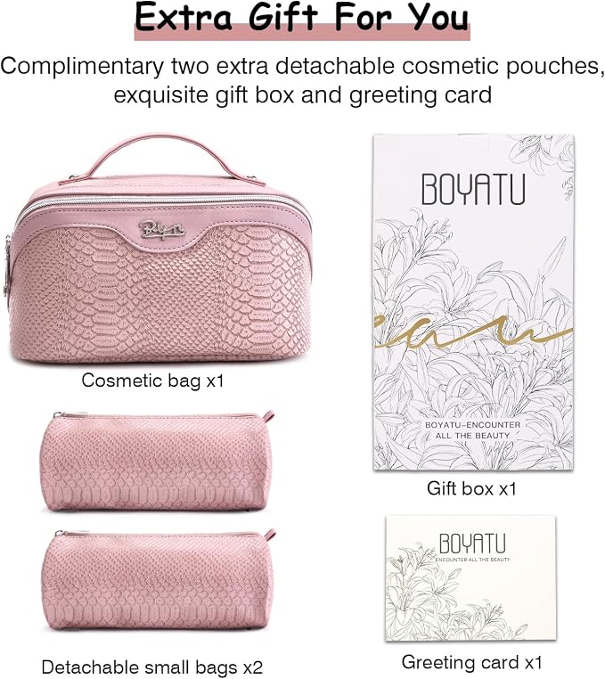 BOYATU Travel Makeup Bags for Women: 3 Pcs Set Wide Open Cosmetic Bag - Portable Make up Bags with Handle - Vegan Leather Toiletry Organizer Bag with Divider (G-02-Pink) - Image 6