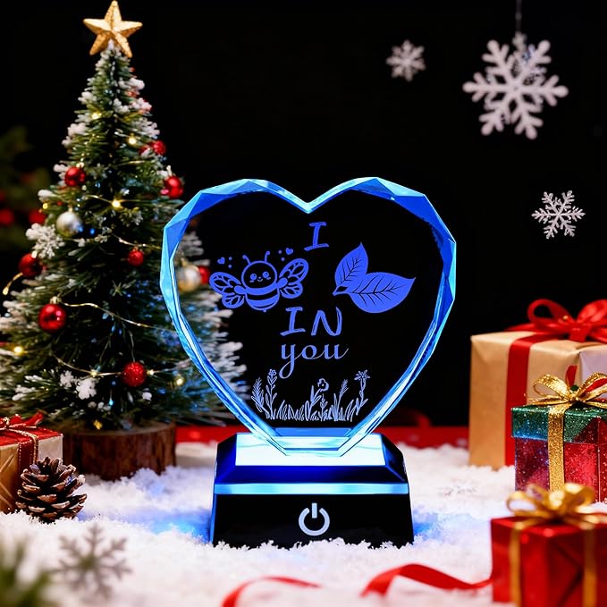 ZHSHWAT Christmas Gift Heart Shaped Crystal Night Light, I Bee Leaf in You-Color Changing LED, USB/Battery Powered, Encouragement Present for Friends Family