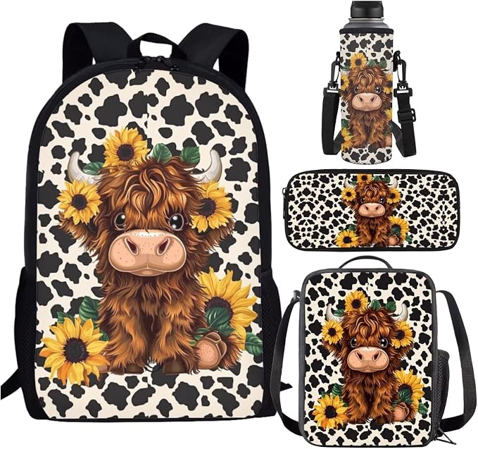 Highland Cow Print Girls Backpack with Lunch Box and Water Bottle Holder Sunflower Bookbags for 1st Grade Kids 4-6/6-8 Elementary School Back Pack Lunch Bag Pencil Case Book Bags Lunchbox by SCRAWLGODDreamWardrobe