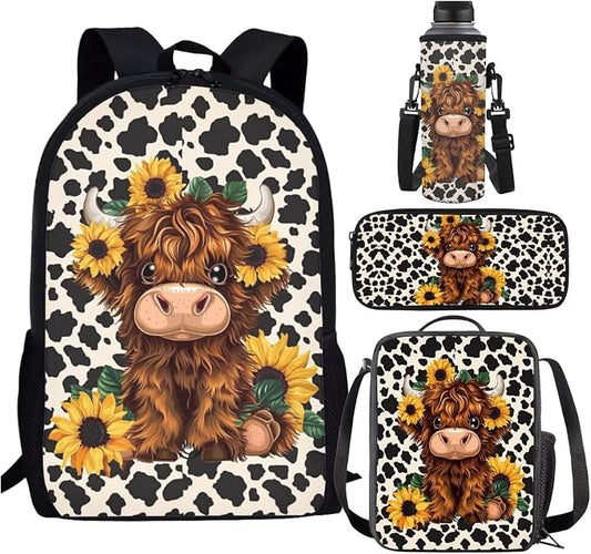 Highland Cow Print Girls Backpack with Lunch Box and Water Bottle Holder Sunflower Bookbags for 1st Grade Kids 4-6/6-8 Elementary School Back Pack Lunch Bag Pencil Case Book Bags Lunchbox by SCRAWLGODDreamWardrobe