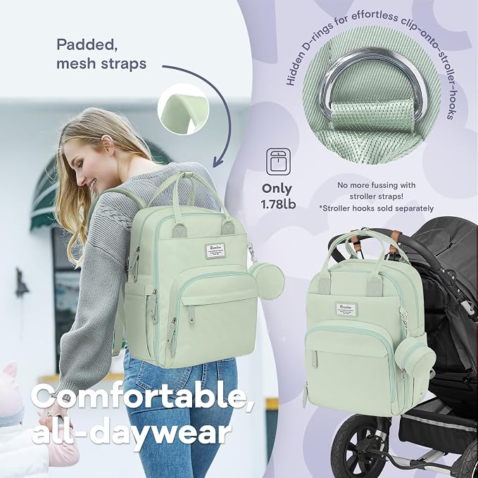 RUVALINO Diaper Bag Backpack-Multifunction Baby Travel Bag with Changing pad, Insulated Bottle Holders & Pacifier Case, Large Capacity, Waterproof, Mint Green - Image 5