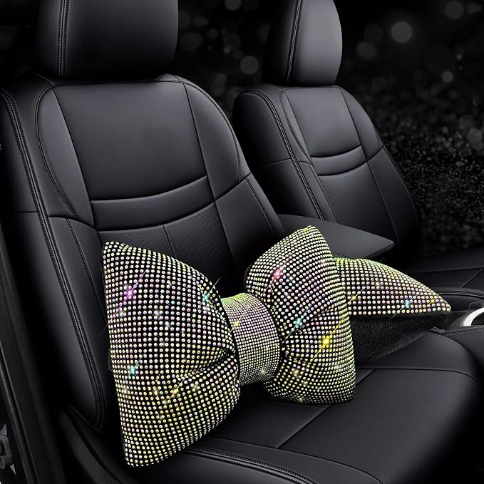 4 PCS Bling Car Pillows,Rhinestones Bowknot Car Headrest Pillow,Colorful | Car Neck Pillow for Driver Relax Neck Support,Sleeping Travel Support Neck Pillow,Diamond Interior Accessories for Women - Image 2