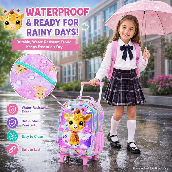 HPJGD 3PCS Giraffe Rolling Backpack for Girls, Kids School Backpacks with Wheels, Water Resistant UV Printed Roller Wheeled Bookbag Set - Image 4