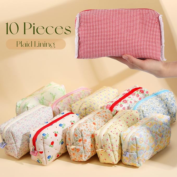 Paterr 10 Pcs Quilted Makeup Bag Bulk Cotton Floral Cosmetic Bag Women Girls Bridesmaid Gifts Cute Makeup Pouch Coquette Aesthetic Travel Toiletry Organizer(Classic Style,7.87 x 4.72 x 3.15 Inches) - Image 9