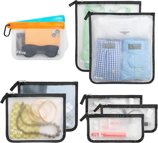 (re)zip Zippered Travel Organization Kit | 9-Piece Set Including Zippered Gallon, Medium, & Small Bags, and Carbiner Clip-On Bags | Compact & Lightweight for Snacks, Documents, Toiletries, & More