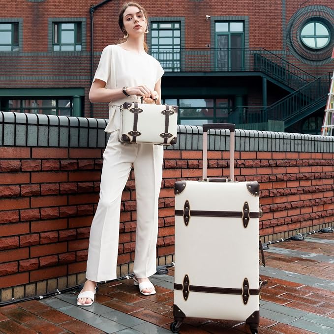 urecity 20" Holy White Vintage Luggage Set 2 Piece, Aluminum Frame Retro Carry On Suitcase with Cosmetic Case, Vegan Leather Spinner Trunk for Women (Clear Cover Included) - Image 3