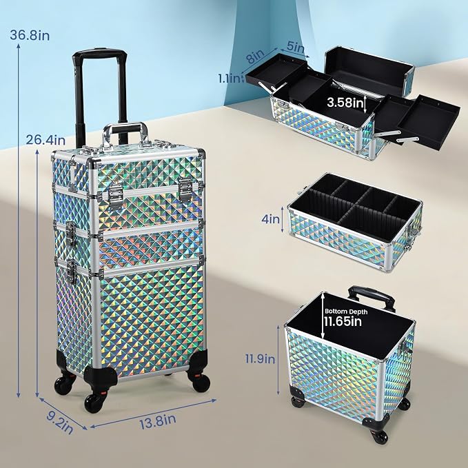FRENESSA Rolling Makeup Train Case Cosmetology Case on Wheels 3 in 1 Blue | Cosmetic Trolley Large Storage with Keys 360° Swivel Salon Barber Case Traveling Cart Trunk for Artist Hairstylists Nail Tech - Image 5
