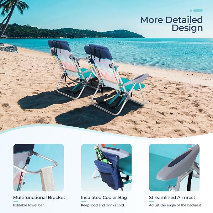 LET'S CAMP Backpack Beach Chair Set of 2, 4-Position Classic Lay Flat, Pillow and Padded Shoulder Straps, Storage Pouch and Towel Bar, Support 350LBS, Wave - Image 7
